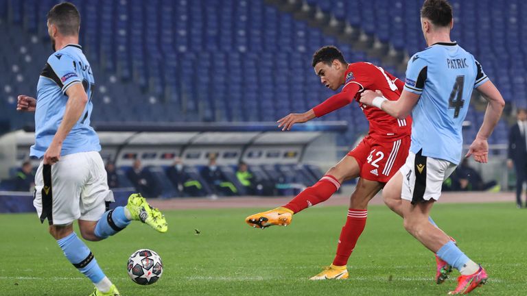 Jamal Musiala  scores for Bayern Munich against Lazio during the UEFA Champions League Round of 16 match at the Olimpico Stadium on February 23, 2021 in Rome, Italy.