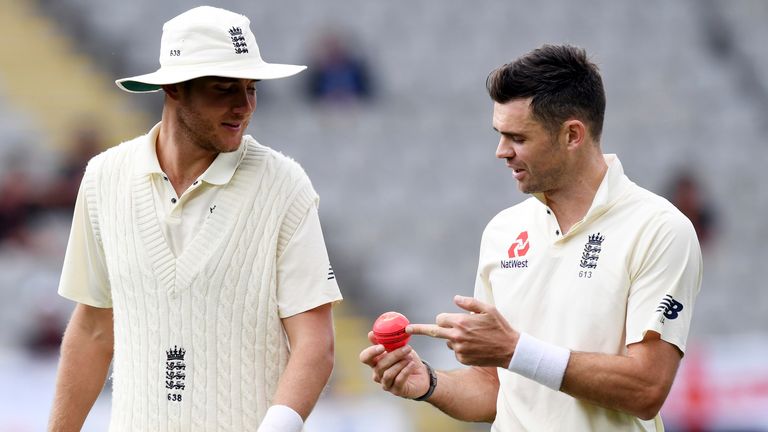Stuart Broad and James Anderson during England&#39;s pink-ball Test against New Zealand in 2018 (Associated Press)