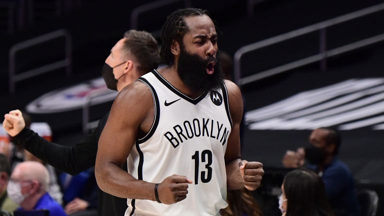 James Harden celebrates during the game between the Brooklyn Nets and Los Angeles Clippers