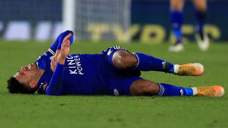 Leicester City&#39;s James Justin lies injured during their 1-0 FA Cup win against Brighton at the Kingpower Stadium.