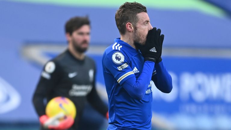 Leicester's Jamie Vardy reacts after a missed scoring opportunity (AP)