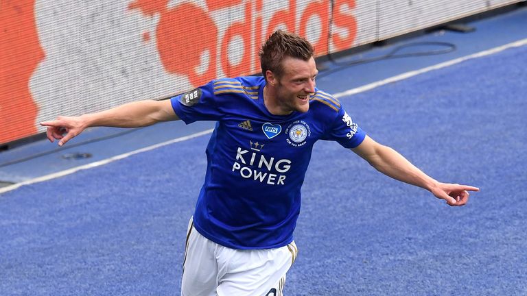 File photo dated 04-07-2020 of Leicester City's Jamie Vardy celebrates scoring his side's third goal of the game during the Premier League match at King Power Stadium, Leicester.