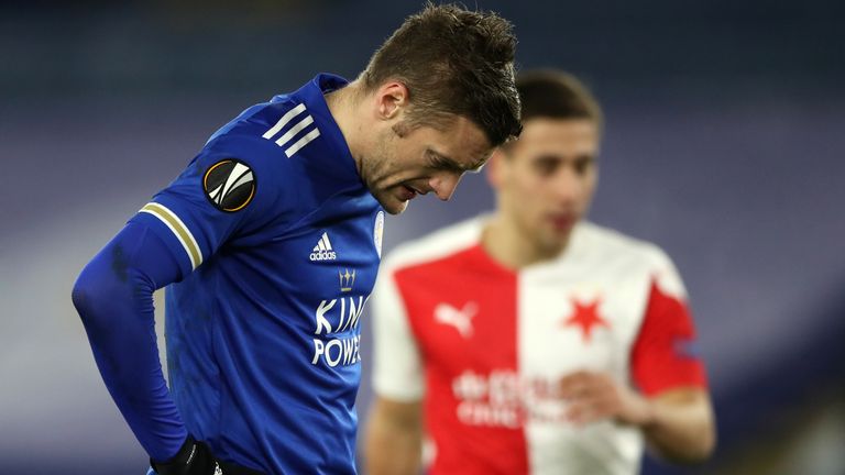 Leicester City v Slavia Praha - UEFA Europa League - Round of 32 - Second Leg - King Power Stadium
Leicester City's Jamie Vardy reacts after Slavia Praha's Abdallah Sima (not pictured) scores their side's second goal of the game during the UEFA Europa League match at the King Power Stadium, Leicester. Picture date: Thursday February 25, 2021.