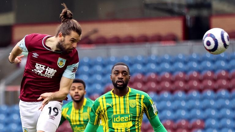 Burnley's Jay Rodriguez heads at goal against West Brom