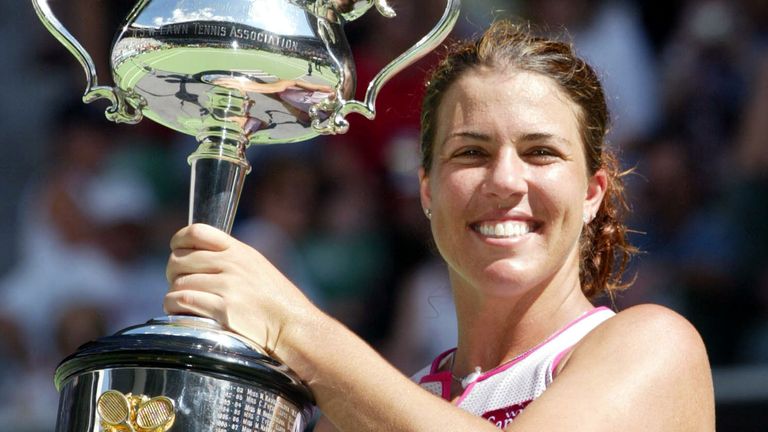 Jennifer Capriati holding her trophy after defeating Martina Hingis in the women&#39;s singles final at the Australian Open tennis tournament in Melbourne, Australia. Capriati has been elected to the International Tennis Hall of Fame after an up-and-down career that saw her go from teen prodigy status to off-court troubles to Grand Slam champion. (AP Photo/Rick Stevens, File)