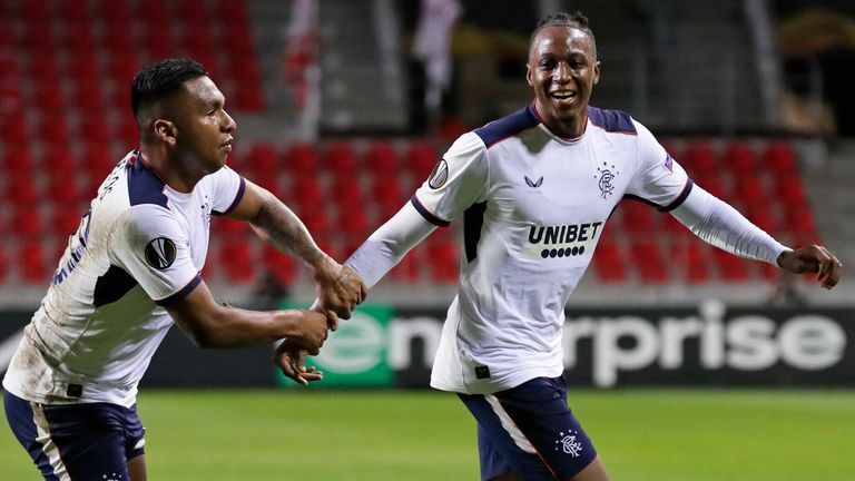 Rangers' Joe Aribo celebrates his goal with Alfredo Morelos