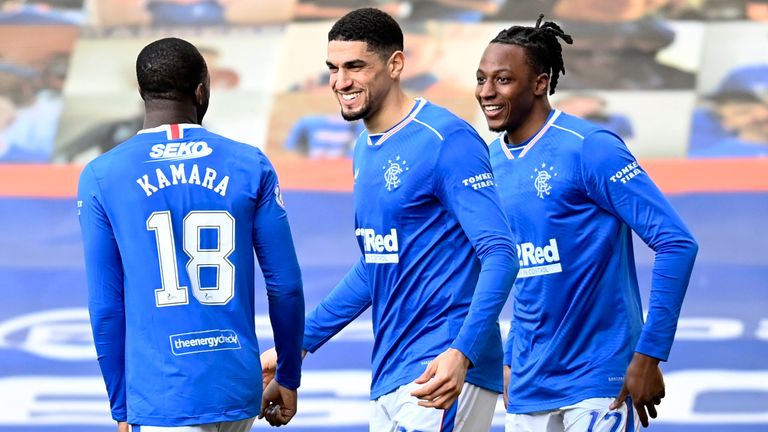 Rangers' Joe Aribo (right) celebrates his goal with Leon Balogun against Dundee United