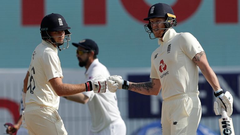 BCCI - Ben Stokes of England and Joe Root (captain) of England congratulating during day two of the first test match between India and England held at the Chidambaram Stadium stadium in Chennai, Tamil Nadu, India on the 6th February 2021..Photo by Saikat Das/ Sportzpics for BCCI