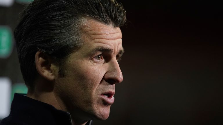 Fleetwood Town&#39;s manager Joey Barton talks to the media after the English League Cup third round soccer match between Fleetwood Town and Everton