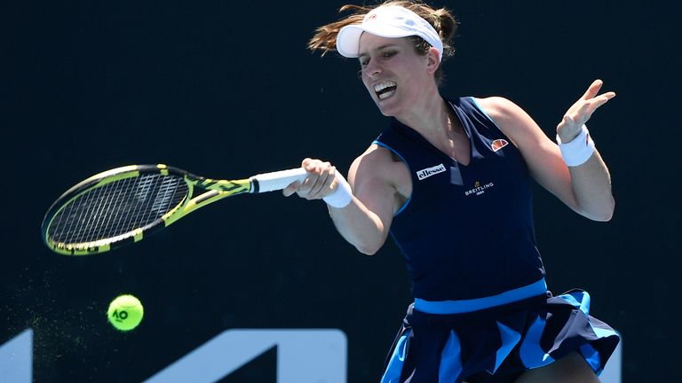 Johanna Konta makes a forehand return to Romania's Irina-Camelia Begu during tuneup event ahead of the Australian Open tennis championships in Melbourne, Australia, Wednesday, Feb. 3, 2021. (AP Photo/Andy Brownbill)