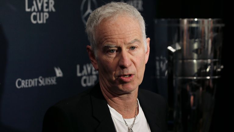 John McEnroe, Captain of Team World for the Laver Cup, speaks during a news conference at TD Garden, Tuesday, March 3, 2020, in Boston. Laver Cup 2020 will be played at the TD Garden in Boston from September 25-27. (AP Photo/Mary Schwalm)
