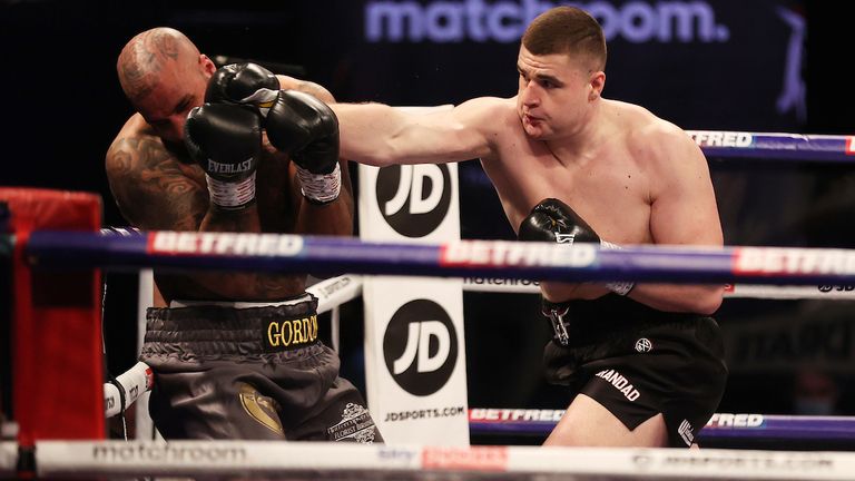 HANDOUT PICTURE COMPLIMENTS OF MATCHROOM BOXING.Johnny Fisher vs Matt Gordan, Heavyweight Contest..20 February 2021.Picture By Mark Robinson.Johnny Fisher knocks down Matt Gordan in the 1st round. 