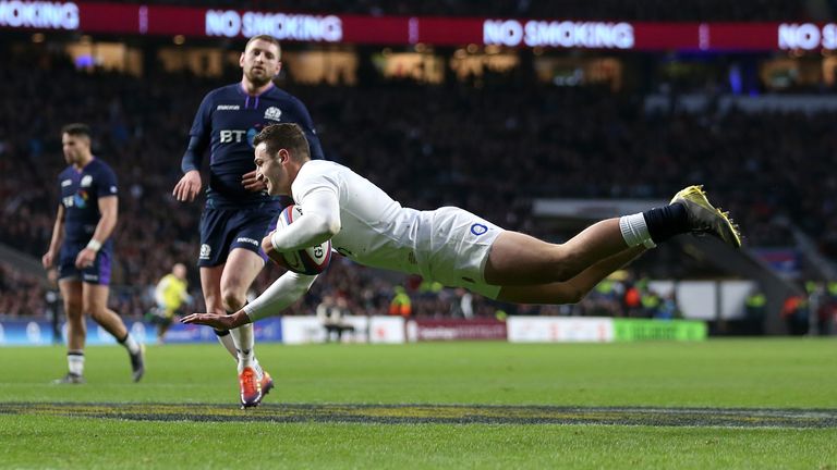 Jonny May scores England's fourth try in 2019 before Scotland staged their comeback