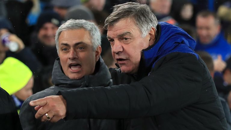 Manchester United manager Jose Mourinho (left) and Everton manager Sam Allardyce during the Premier League match at Goodison Park, Liverpool. PRESS ASSOCIATION Photo. Picture date: Monday January 1, 2018. See PA story SOCCER Everton. Photo credit should read: Peter Byrne/PA Wire.