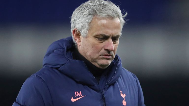 A dejected Jose Mourinho leaves the Goodison Park pitch after an extra-time defeat to Everton in the FA Cup