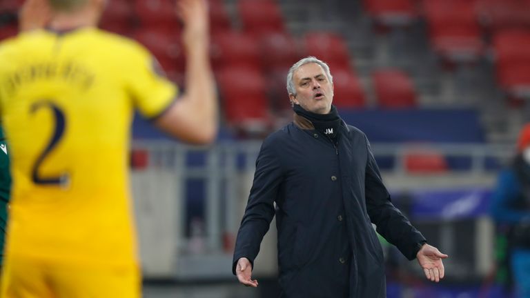 Jose Mourinho watches on from the Puskas Arena on Thursday