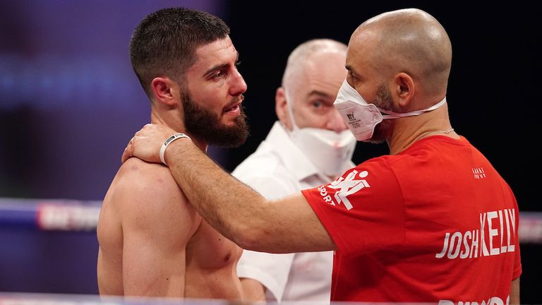 HANDOUT PICTURE COMPLIMENTS OF MATCHROOM BOXING.David Avanesyan vs Josh Kelly, European Welterweight  Title.20 February 2021.Picture By Dave Thompson.Josh Kelly with his trainer after loss. 