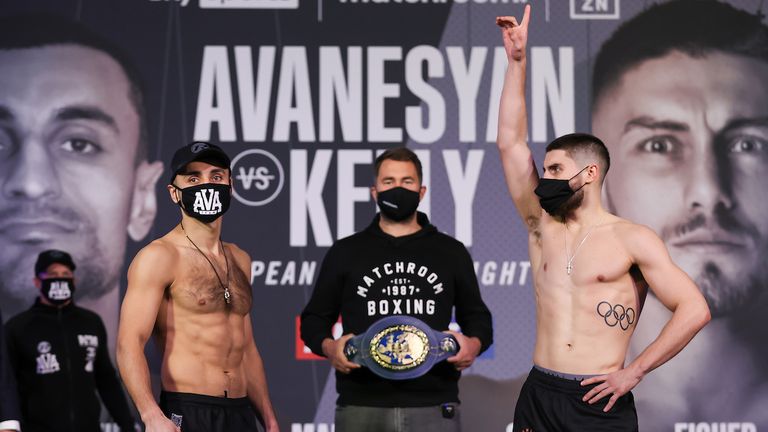 HANDOUT PICTURE COMPLIMENTS OF MATCHROOM BOXING.David Avanesyan and Josh Kelly Weigh In ahead of their European Welterweight  Title fight on saturday..19 February 2021.Picture By Mark Robinson