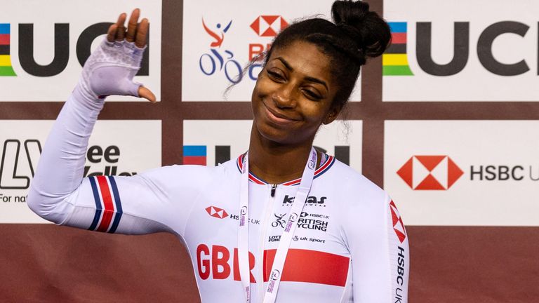 Great Britain&#39;s Kadeena Cox celebrates winning the Women&#39;s Para C4-5 500m Time Trial Final during day one of the Tissot UCI Track Cycling World Cup at  Lee Valley VeloPark, London.
