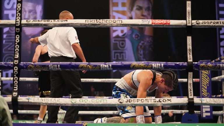 HANDOUT PICTURE COMPLIMENTS OF MATCHROOM BOXING.Katie Taylor vs Miriam Gutierrez, WBC, WBA, IBF and WBO Lightweight World Title..14 November 2020.Picture By Dave Thompson.Gutierrez  knocked down in the 4th round. 