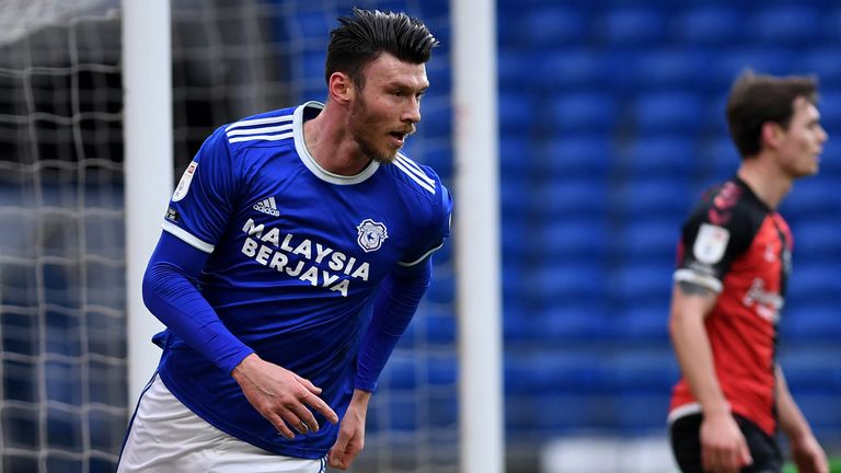 Kieffer Moore celebrates after scoring Cardiff's second goal of the game