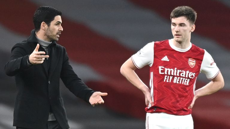 Arsenal boss Mikel Arteta gives instructions to Kieran Tierney 