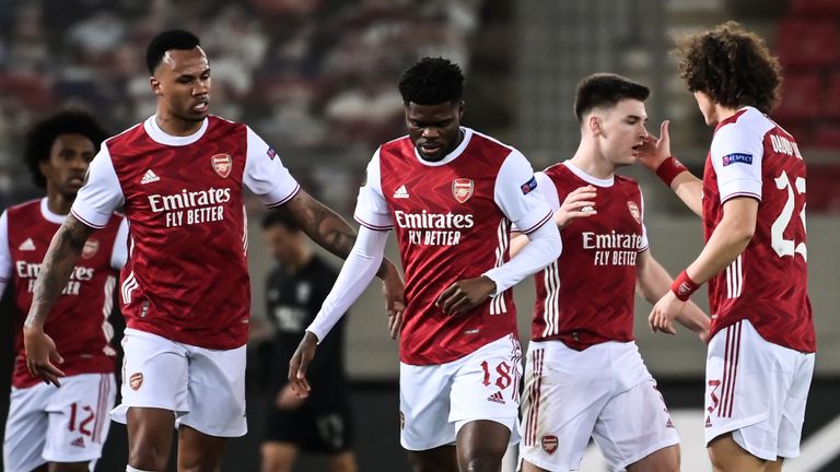 Kieran Tierney celebrates scoring for Arsenal against Benfica