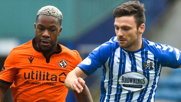 KILMARNOCK, SCOTLAND - FEBRUARY 27:  Kilmarnock's Greg Kiltie and Dundee United's Jeano Fuchs in action during the Scottish Premiership match between Kilmarnock and Dundee United at the BBSP Stadium at Rugby Park on February 27, 2021, in Kilmarnock, Scotland. (Photo by Craig Foy / SNS Group)