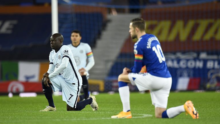 Chelsea&#39;s N&#39;Golo Kante and Everton&#39;s Gylfi Sigurdsson (right) take the knee in support of the black lives matter movement during the Premier League match at Goodison Park, Liverpool.
