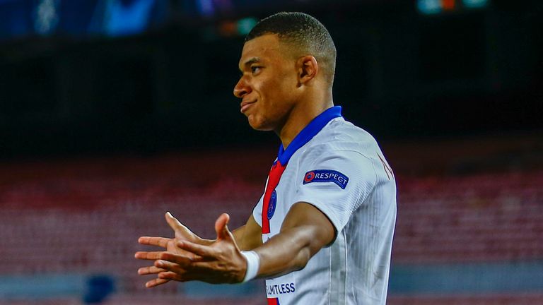 PSG's Kylian Mbappe celebrates after scoring his side's second goal against Barcelona