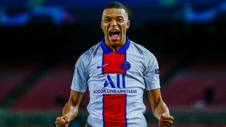 PSG's Kylian Mbappe celebrates after scoring his side's second goal against Barcelona