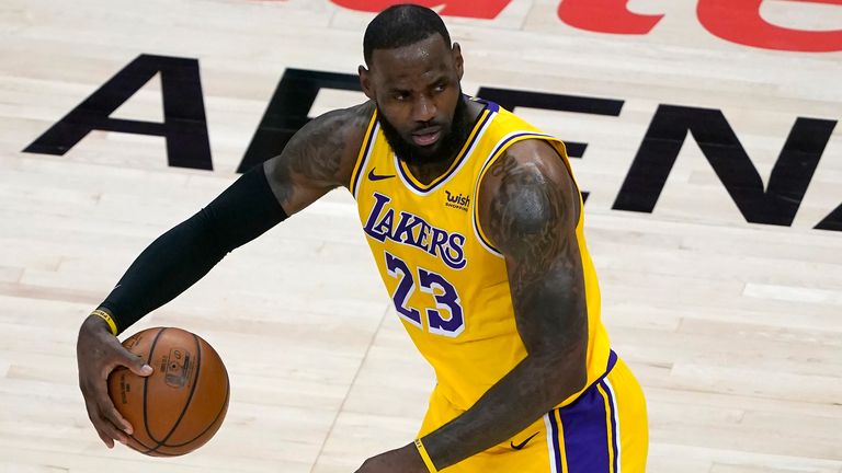 Los Angeles Lakers forward LeBron James (23) is shown against the Atlanta Hawks in the second half of an NBA basketball game Monday, Feb. 1, 2021, in Atlanta.