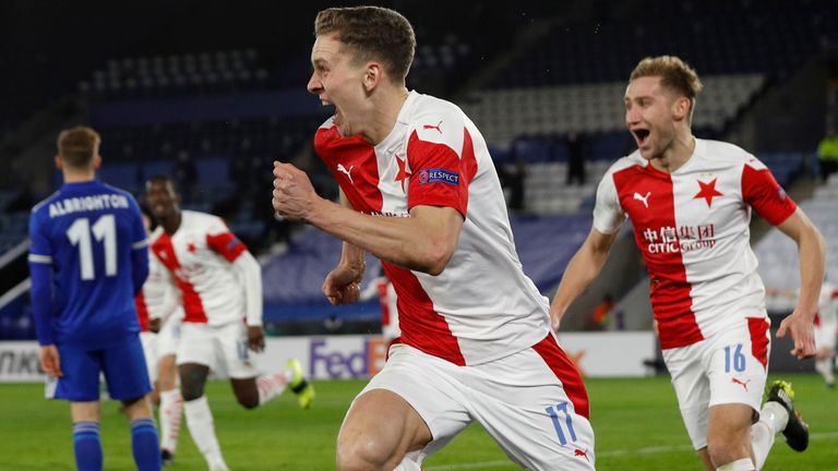 February 25, 2021, Leicester, United Kingdom: Lukas Provod of Slavia Prague shouts out after scoring the first goalduring the UEFA Europa League match at the King Power Stadium, Leicester. Picture date: 25th February 2021. Picture credit should read: Darren Staples/Sportimage d(Credit Image: © Darren Staples/CSM via ZUMA Wire) (Cal Sport Media via AP Images)