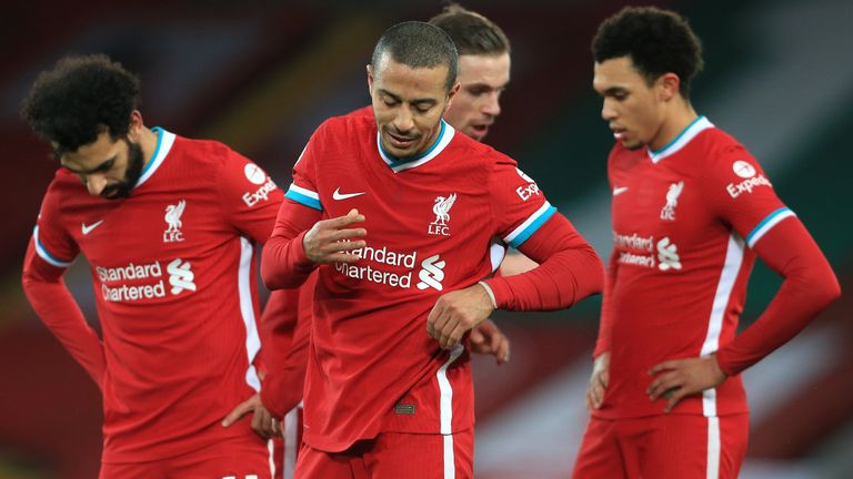 Thiago and Liverpool team-mates during defeat to Man City