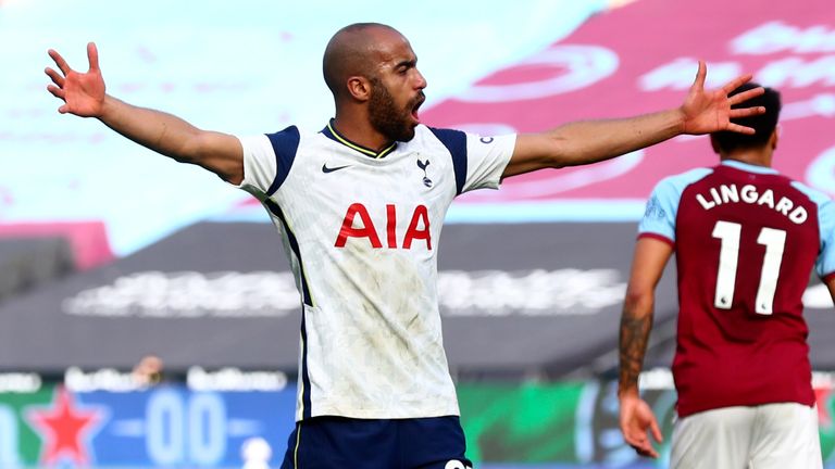 Lucas Moura celebrates scoring at the London Stadium (AP)