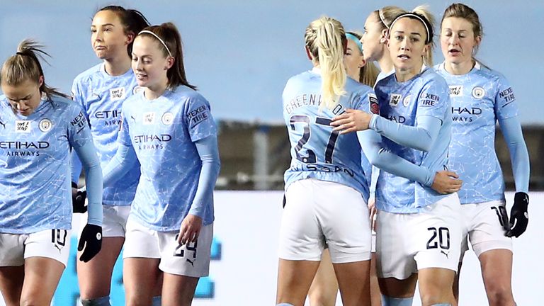 Manchester City celebrate Lucy Bronze's opening goal against Manchester United