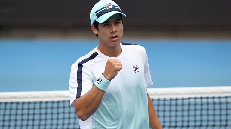 Mackenzie McDonald reacts after winning a point against South Africa's Lloyd Harris during their third round match at the Australian Open tennis championship in Melbourne, Australia, Saturday, Feb. 13, 2021.(AP Photo/Andy Brownbill)