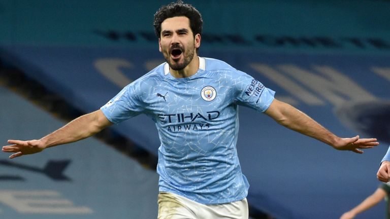 Ilkay Gundogan celebrates scoring his second goal for Manchester City against Tottenham