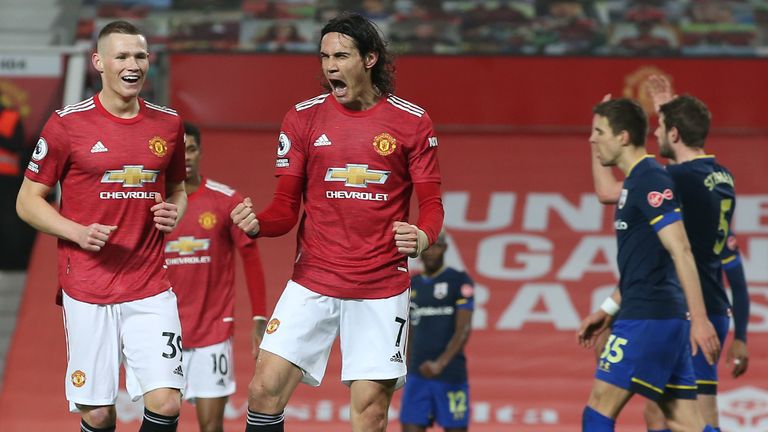 Man Utd's Edinson Cavani celebrates scoring their fourth goal against Southampton