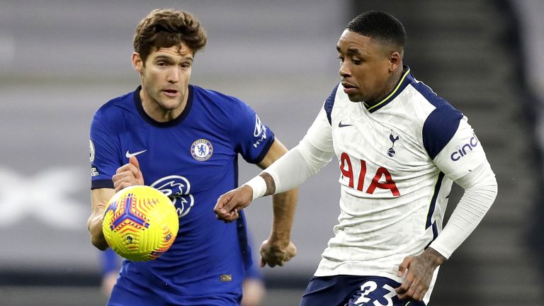 Marcos Alonso of Chelsea and Steven Bergwijn of Tottenham fight for the ball