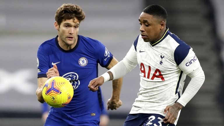 Chelsea & # 39;  s Marcos Alonso und Tottenham & # 39;  Steven Bergwijn kämpft um diesen Ball