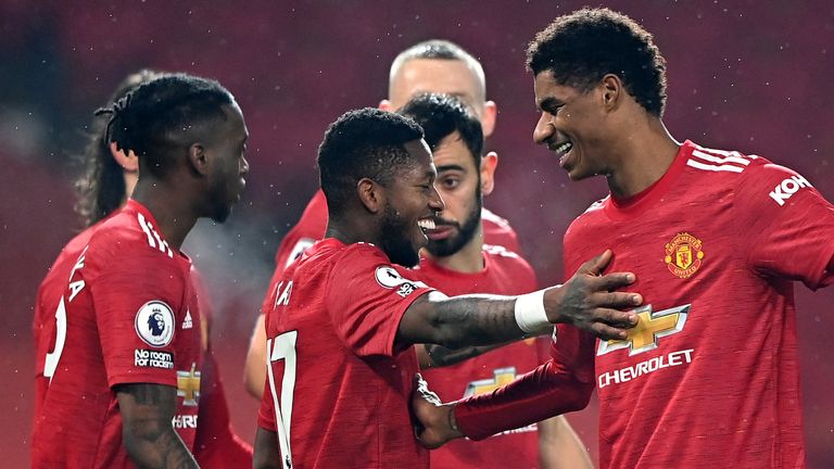 Marcus Rashford celebrates with his team-mates after scoring the third goal in Manchester United's 9-0 hammering of Southampton