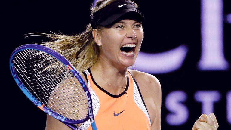 Maria Sharapova celebrates after defeating Belinda Bencic in their fourth round match at the Australian Open tennis championships in Melbourne, Australia. 