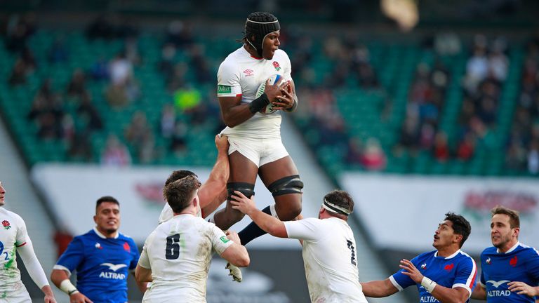 England's Maro Itoje takes a lineout during the Autumn Nations Cup final rugby union international match between England and France at Twickenham stadium in London, Sunday, Dec. 6, 2020