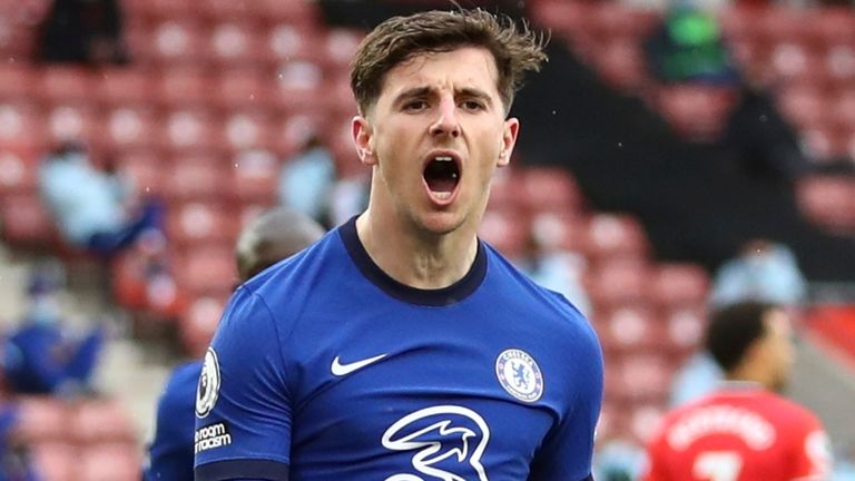 Chelsea's Mason Mount celebrates after scoring his side's opening goal during the English Premier League soccer match between Chelsea and Southampton at St. Mary's Stadium in Southampton, England, Saturday, Feb.20, 2021. (Michael Steele/Pool via AP)