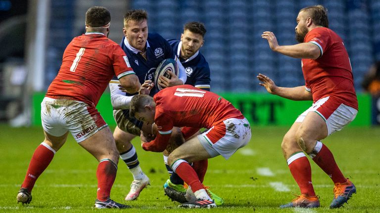 EDINBURGH, SCOTLAND - FEBRUARY 13: Scotland's Matt Fagerson is tackled by Liam Williams during a Guinness Six Nations tie between Scotland and Wales at BT Murrayfield, on February 13, 2021, in Edinburgh, Scotland. (Photo by Craig Williamson / SNS Group)