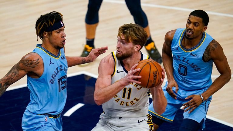 AP - Indiana Pacers forward Domantas Sabonis (11) looks to shoot over Memphis Grizzlies forward Brandon Clarke