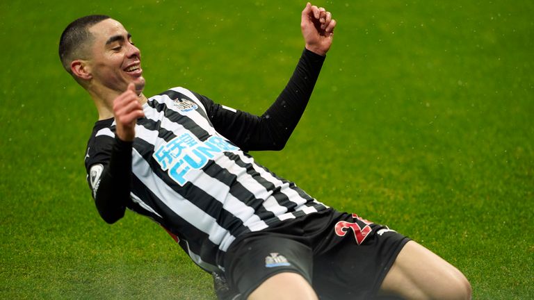 Miguel Almiron celebrates after scoring Newcastle's third goal (AP)