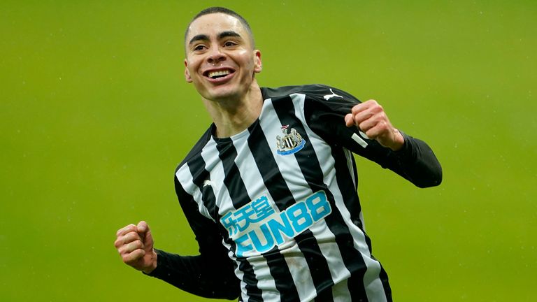 Miguel Almiron celebrates the first of his two goals (AP)