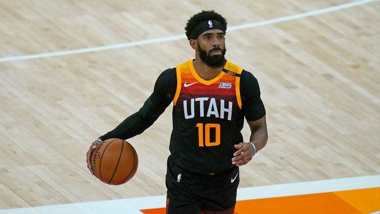 Utah Jazz guard Mike Conley brings the ball up court against the Minnesota Timberwolves